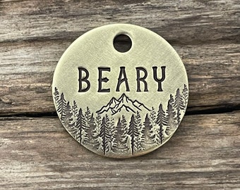 Mountain Dog Tag, Dog Tag for Dogs, Dog Tag Personalized, Collar Tag, Pet Id Tag, Forest Trees, Hand Stamped, Cedar Peak