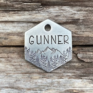 Pet ID Tag, Dog Tag for Dogs, Dog Tag, Dog Collar Tag, Pet Name Tag, Hand Stamped, Nature, Custom, Personalized, Hexagon, The Mountain