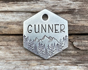 Pet ID Tag, Dog Tag for Dogs, Dog Tag, Dog Collar Tag, Pet Name Tag, Hand Stamped, Nature, Custom, Personalized, Hexagon, The Mountain
