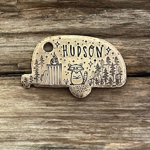 Camper Dog Tag, Dog Tag for Dogs, Collar Tag, Trees and Stars, Raccoon Dog Tag, Pet Tag, Personalized Gift, Trash Can