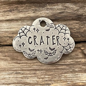 Cloud Dog Tag, Spooky Dog Tag, Stars Web Halloween Bats, Dog Tag for Dogs, Personalized, Custom Pet ID, Collar Tag, MEDIUM