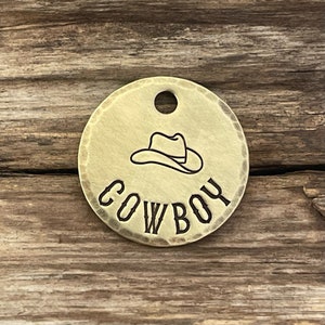 Cowboy Dog Tag, Dog Tags for Dogs, Hand Stamped Pet Tag, Brass Dog Tag, Dog Collar Tag, Dog Tag Personalized, Western Hat, The Cowboy
