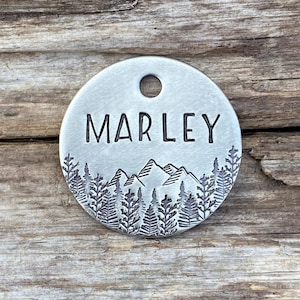 Pet ID Tag, Mountain Trees Dog Tag, Dog Collar Tag, Pet Name Tag, Hand Stamped Dog Tag, Custom, Dog Tag Personalized, The Mountain