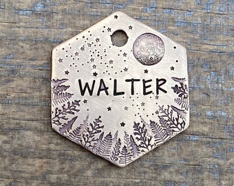 May include: A hexagonal brass dog tag with a moon and stars design. The tag is engraved with the name "WALTER" and has a hole for attaching a leash.