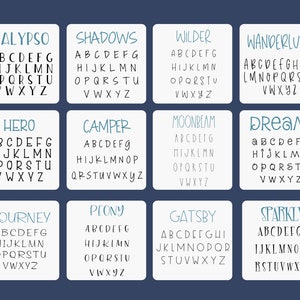 May include: A graphic design sheet with 10 different alphabet fonts. Each font is labeled with a word, such as "Calypso", "Shadows", "Wilder", "Wanderlust", "Hero", "Camper", "Moonbeam", "Dream", "Journey", "Peony", "Gatsby", and "Sparkly".
