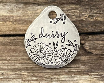 Hand Stamped Pet ID Tag, Daisy Tear Drop, Floral Dog Collar Tag, Personalized Pet ID Tag, Custom Dog Tag, Dog Tag for Dogs