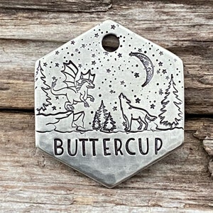 Pet ID Tag, Dog Tags for Dogs, Hand Stamped, Collar, Dog Tag, Trees, Wolf, Dragon, Stars, Personalized, The Dragon and the Wolf