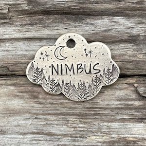 Cloud Dog Tag, Stars, Moon, Trees, Dog Tag for Dogs, Crescent Landing, Personalized, Custom, Pet ID, Collar Tag, MEDIUM 1 1/8 x 1 1/2”