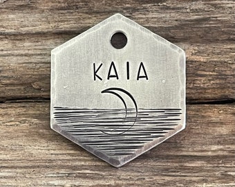 Dog Tag, Dog Tags for Dogs, Crescent Moon, Pet Id Tag, Personalized Dog Tag, Custom, Water, Ocean, Simple, Metal Hounds