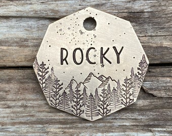 Dog Tag, Dog Tags for Dogs, Mountain Stardust, Custom Dog Tags, Pet Id Tag, Personalized Dog Tag, Mountain Trees Tag, Dog Collar, Bronze