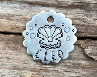 Small Oyster Pearl Dog Tag, Hand Stamped Pet ID Tag, Custom Collar Charm