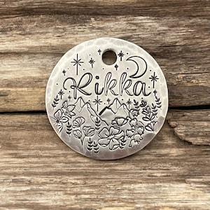 Hand Stamped Pet ID Tag, Dog Collar Tag, Personalized Pet ID Tag, Custom Dog Tag, Dog Tag for Dogs, Floral, Stars, Wildflower Moon