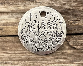 Hand Stamped Pet ID Tag, Dog Collar Tag, Personalized Pet ID Tag, Custom Dog Tag, Dog Tag for Dogs, Floral, Stars, Wildflower Moon