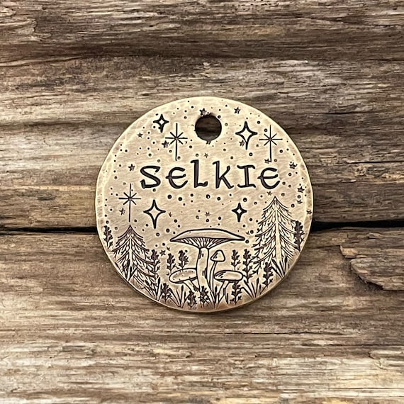 Hand Stamped Pet Tag, Dog Collar, Personalized Dog Tag, Dog Tag for Dogs, Mushrooms Trees Stars, Custom, Dog Gift, Christmas Gift for Dog