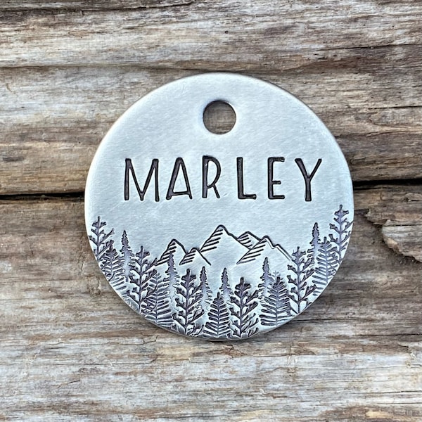 Pet ID Tag, Mountain Trees Dog Tag, Dog Collar Tag, Pet Name Tag, Hand Stamped Dog Tag, Custom, Dog Tag Personalized, The Mountain