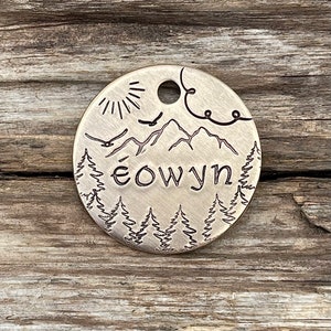 Dog Tag for Dogs, Pet ID Tag, Dog Tag with Mountain, Dog Collar Tag, Pet Name Tag, Hand Stamped Dog Tag, Daybreak