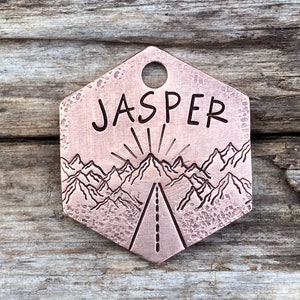 Dog Tag, Dog Tag for Dogs, Pet Id Tag, Personalized, Mountains, Sun, Travel, Adventure, Puppy, Custom, Gift, Copper, Silver, Brass, Bronze