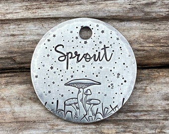 Hand Stamped Pet ID Tag, Mushroom Forest, Dog Collar Tag, Personalized Pet ID Tag, Custom Dog Tag, Dog Tag for Dogs, Mushrooms