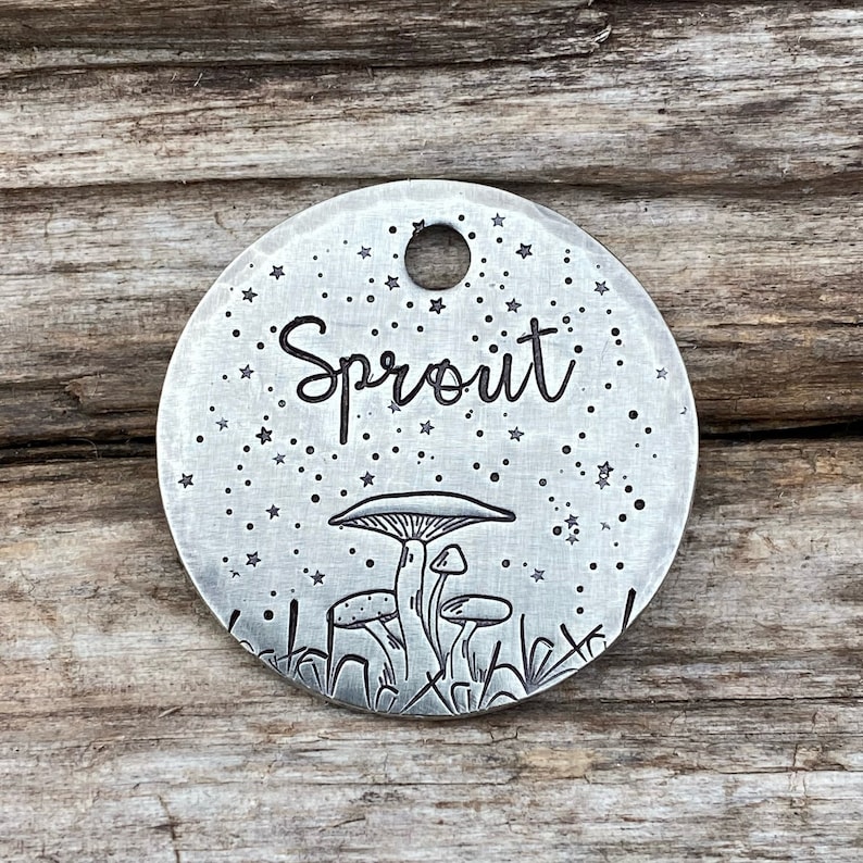 Hand Stamped Pet ID Tag Mushroom Forest Dog Collar Tag Etsy