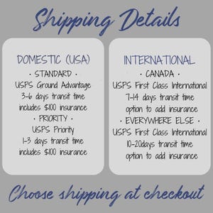 May include: A graphic showing shipping details for domestic and international orders. Domestic shipping options include USPS Ground Advantage with 3-6 days transit time and USPS Priority with 1-3 days transit time. Both options include $100 insurance. International shipping options include USPS First Class International with 7-14 days transit time for Canada and 10-20 days transit time for everywhere else. Both options include the ability to add insurance.