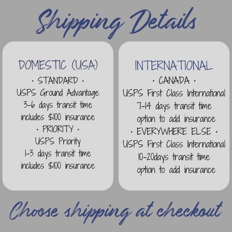 May include: A graphic showing shipping details for domestic and international orders. Domestic shipping options include USPS Ground Advantage with 3-6 days transit time and USPS Priority with 1-3 days transit time. Both options include $100 insurance. International shipping options include USPS First Class International with 7-14 days transit time for Canada and 10-20 days transit time for everywhere else. Both options include the ability to add insurance.