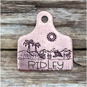 Dog Tag, Dog Tag for Dogs, Special Cut Cow Tag, Sun, Personalized Pet ID, Custom, Unique Pet Tag, The Beach, 1 1/4 x 1 1/2”
