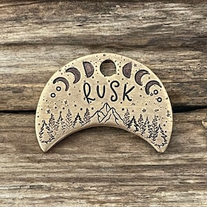 Dog Tag for Dogs, Hand Stamped Pet ID Tag, Custom Pet Tag, Moon Phases, Dog Collar Tag, Personalized, Mountains, Trees, The Zen Moon