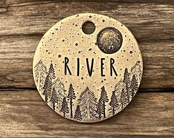 Dog Tag, Dog Tags for Dogs, Dog Tags, Pet Id Tag, Personalized Dog Tag, Trees Moon Tag, Stars, Moonlit Alpine