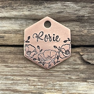 Poppy and Vines, Dog Tag, Floral Dog Tag, Pet Id Tag, Dog Tags, Dog Collar Tag, Hand Made, Personalizable, Hand Stamped Dog Tag