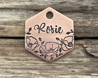Poppy and Vines, Dog Tag, Floral Dog Tag, Pet Id Tag, Dog Tags, Dog Collar Tag, Hand Made, Personalizable, Hand Stamped Dog Tag