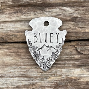 Nature Inspired Dog Tag - Trees and Mountain Pet ID - Rustic Arrowhead Design - Hammered Metal Finish - Mountain Lover Pet Collar Tag - Gift