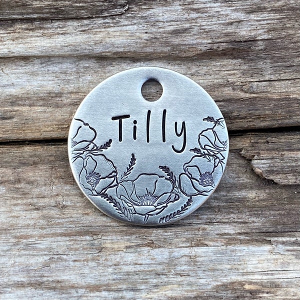 Dog Tag for Dogs, Dog Tag, Hand Stamped Pet ID Tag, Floral Pet, Floral Dog Collar Tag, Personalized Dog ID, Poppy Fields