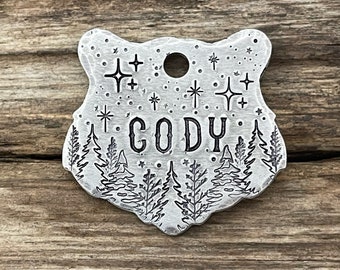 Bear Dog Tag, Pet ID Tag, Dog Tag for Dogs, Dog Tags, Trees and Stars Dog Tag, Dog Gift, Personalized Collar, Forest Grizzly