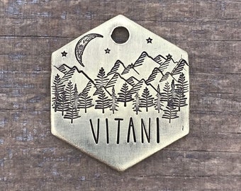Moonlit Pines Dog Tag, Personalized Pet Id, Mountains Trees Stars, Wilderness Collar Charm