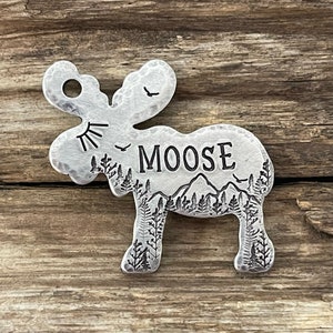 Moose Dog Tag, Pet ID Tag, Dog Tag, Dog Tag for Dogs, Personalized Collar Tag, Trees Mountains Birds Sun, Moose Mountain