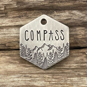 Pet ID Tag, Forest Mountain Trees Dog Tag, Dog Collar Tag, Pet Name Tag, Hand Stamped Dog Tag, Custom, Dog Tag Personalized, The Mountain