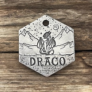 Dog Tag, Dog Tags for Dogs, Mountains, Personalized, Dragon, Stars, The Helios, Customized, Metal Hounds