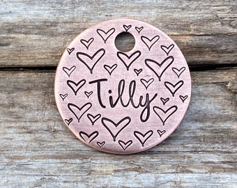 Pet ID Tag, Dog Tag, Dog Collar Tag, Personalized, Hand Drawn Hearts, Hand Stamped Dog Tag, Custom, Pet Name Tag, Dog Tag for Dogs