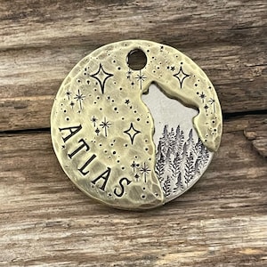 Dog Tag, Dog Tags for Dogs, Personalized, Trees, Custom Pet ID, Collar, Stars, Howling Wolf Double Stack, Metal Hounds, 1-1/4” Round