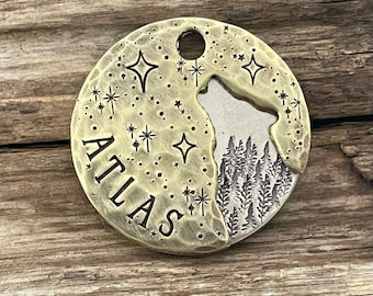 Dog Tag, Dog Tags for Dogs, Personalized, Trees, Custom Pet ID, Collar, Stars, Howling Wolf Double Stack, Metal Hounds, 1-1/4” Round