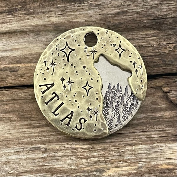 Etiqueta de perro, Etiquetas de perro para perros, Personalizado, Árboles, Identificación de mascota personalizada, Collar, Estrellas, Doble pila de lobo aullador, Sabuesos de metal, 1-1/4" redondo