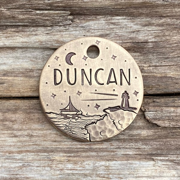 Lighthouse Dog Tag, Dog Tag for Dogs, The Breakwater, Pet ID, Custom, Hand Stamped, Personalized, Ocean, Water, Moon, Stars, Collar Tag