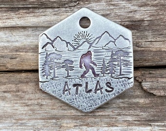 Dog Tag, Dog Tags for Dogs, Big Foot Pet Tag, Pet Id Tag, Personalized Dog Tag, Mountain Trees Tag, Willow Creek, Metal Hounds