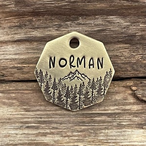 Dog Tag for Dogs, Dog Tag Personalized, Collar Tag, Pet Id Tag, Custom, Cedar Peak, Mountain Dog Tag, Trees, Metal Dog Tag, Hand Stamped