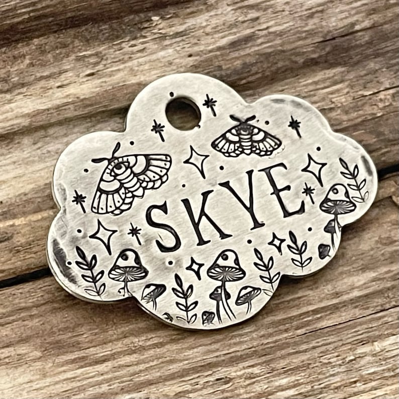 Cloud Dog Tag, Mushroom Stars Floral, Dog Tag for Dogs, Personalized Collar Tag, Cicada Moth, Pet Lover Gift, Nature Lover Gift, Dog Gift image 2