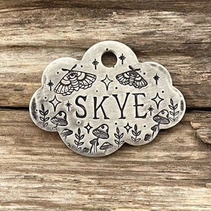 Cloud Dog Tag, Mushroom Stars Floral, Dog Tag for Dogs, Personalized Collar Tag, Cicada Moth, Pet Lover Gift, Nature Lover Gift, Dog Gift image 1