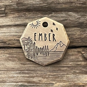 Pet ID Tag, Dog Tag for Dogs, Dog Tag, Dog Collar Tag, Pet Name Tag, Hand Stamped, Mountains, Custom, Personalized, Lake Reflection