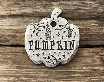 Dog Tag, Dog Tag for Dogs, Dog Collar Tag, Pet ID Tag, Personalized, Special Cut Pumpkin, Halloween Pet Tag, Autumn, Bats, Stars, Moon