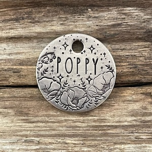 Dog Tag for Dogs, Hand Stamped Pet ID Tag, Floral Pet, Floral Dog Collar Tag, Personalized, Custom Dog Tag, Twinkling Poppies