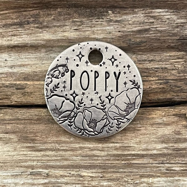 Dog Tag for Dogs, Hand Stamped Pet ID Tag, Floral Pet, Floral Dog Collar Tag, Personalized, Custom Dog Tag, Twinkling Poppies